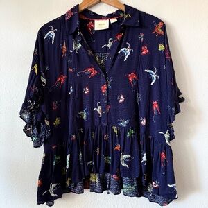 Anthropologie Maeve Navy Butterfly Printed Blouse